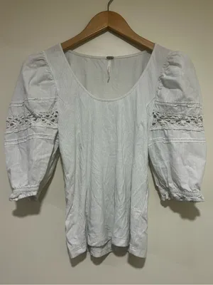 Free People Something Special Puff Sleeve Blouse with Lace Trim Size Small thumbnail 2