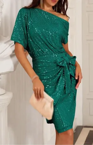 Women's Party Dress Sequined Pleated Short Sleeve Asymmetric Shoulder thumbnail 1