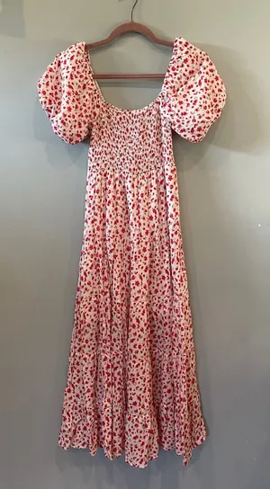 Altar'd State White Maxi Dress with Red + pink Floral Print and Puff Sleeves thumbnail 1