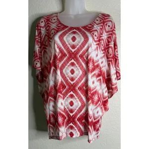 Chicos 3 US XL Top Red White Ikat Diamond Print Dolman Sleeve Scoop Neck Artsy thumbnail 3