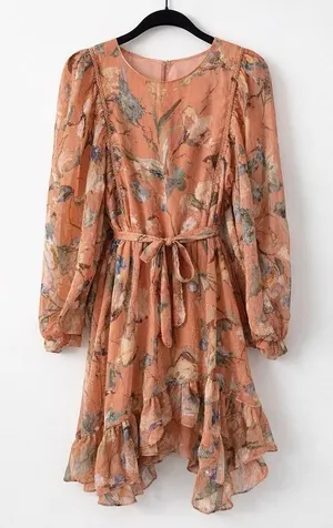Greylyn Unwritten Peach Floral Boho Chiffon Dress Romantic Cottagecore Sz Small thumbnail 1