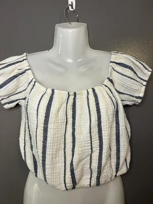 American Eagle Outfitters Blouse Womens Small Striped Puff Sleeve Cropped Top thumbnail 1