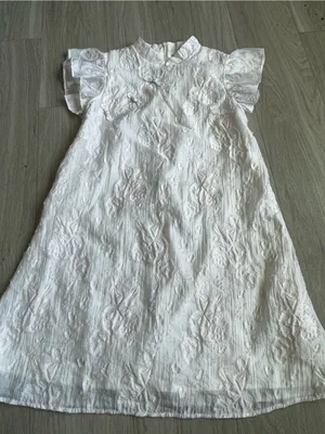 White Embroidered Mini Dress with Flutter Sleeves thumbnail 1