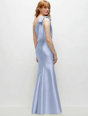 Alfred Sung Bow One-Shoulder Satin Trumpet Gown Sky Blue size 4 thumbnail 2