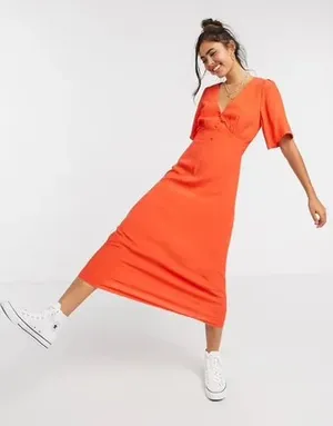 ASOS, New Look v neck flutter sleeve midi dress in bright orange thumbnail 1