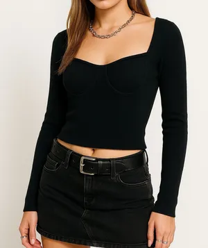 Abercrombie & Fitch Black Knit Bustier Top XS Long Sleeve Sweetheart Neck Y2K thumbnail 1