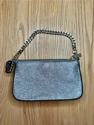 Michael Kors Pouchette Wrislet Gunmetal Metallic Leather Silver Chain Strap thumbnail 5