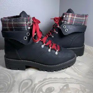 No Boundaries Black Lace-Up Boots with Red Laces and Plaid Cuff thumbnail 8