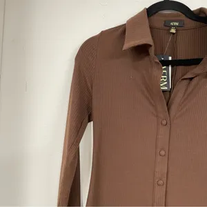 AFRM Brown Ribbed Long Sleeve Button Down Shirt Dress Mini Womens S Preppy Fall thumbnail 3