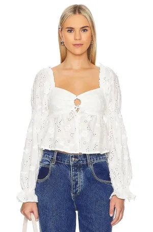 ASTR The Label Revolve‎ Barstow Top White Eyelet Puff Sleeve Smocked Top XS thumbnail 1