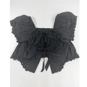 American Eagle Black Eyelet Embroidered Tie Back Crop Top Small Square Neck Puff thumbnail 4