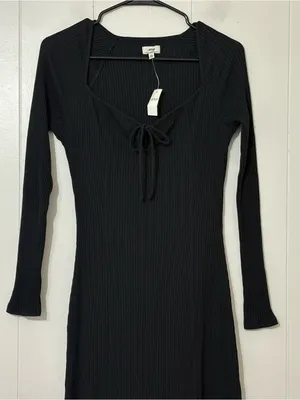 Aerie Ribbed Tie Front Maxi Dress Black Long Sleeve Knit Size S NWT thumbnail 3