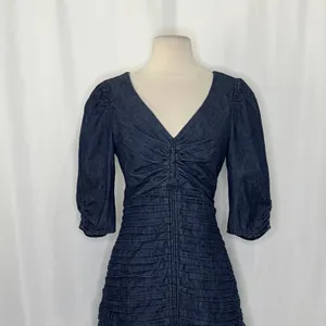 TANYA TAYLOR Pansy Dress Blue‎ Denim Pleated Mini Puffed Sleeves Flirty Size 6 thumbnail 3