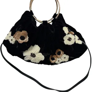 Anthropologie Handbag Womens OS Black Floral Embroider Sequin Velvet Ring Handle thumbnail 1