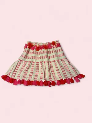 Anthropologie Tessora Cream Skirt with Pink and Red Tassel Trim thumbnail 2