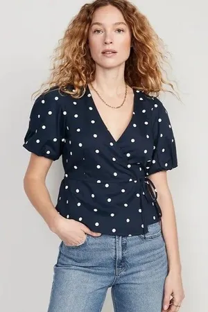 Old Navy 100% Cotton Polka Dot Waist Defined Puff-Sleeve Tie-Wrap Blouse XL thumbnail 1
