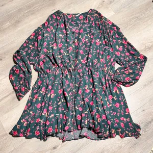 Free People Flower Fields Mini Dress‎ Drawstring Waist Teal Pink Medium M thumbnail 1