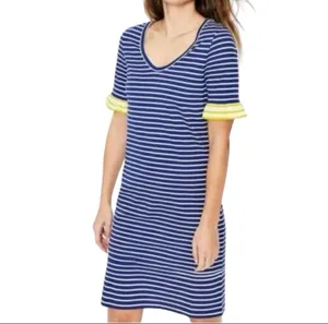 Boden Blue White Striped Vneck Mini Dress Yellow Ruffle Sleeve 8 8L Tall Coastal thumbnail 3