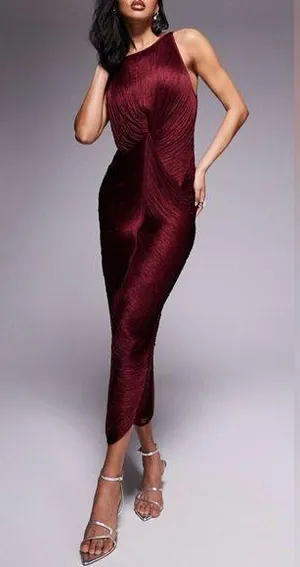 NWT ASOS Design Racer Neck Draped Fringe Maxi Dress in Oxblood Size 12 thumbnail 1