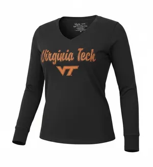Virginia Tech Women's Black Long-Sleeve V-Neck Tee with Orange Script thumbnail 1