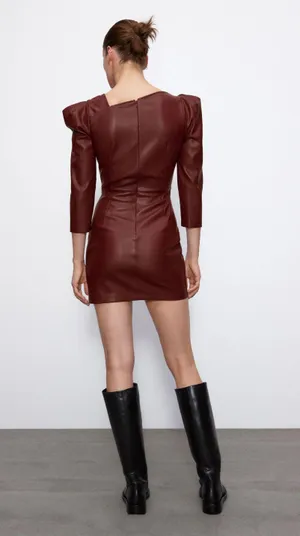 ZARA NWT Faux Leather Maroon Asymmetric Mini Dress thumbnail 3