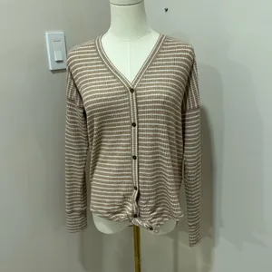 Abercrombie‎ & Fitch Tan White Striped Waffle Knit Tie Front Button Top XS thumbnail 2