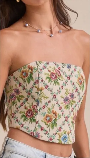 Altar'd State Floral Strapless Crop Top with Blue Bow thumbnail 1