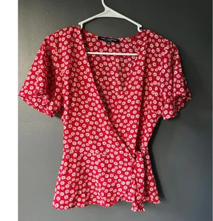 Red and White Floral Wrap Top by ONE Clothing - Size XS thumbnail 1