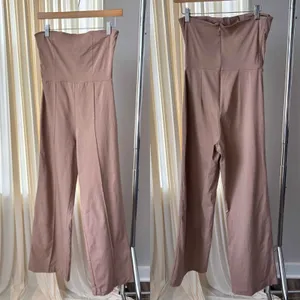PrettyLittleThing Strapless Jumpsuit Sz 6 Tan Wide Leg Pintuck Office Workwear thumbnail 2