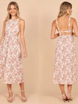 Petal & Pup Tan Floral Printed Aubrey Cutout Open Back Midi Dress Size 2 thumbnail 2