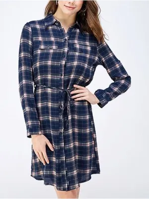 Button-Front Plaid Tie-Waist Long Sleeve Dress - Navy and Cream size L thumbnail 1
