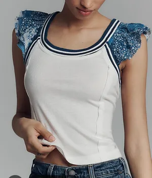 Pilcro Anthropologie Ruffle Cap Short Sleeve Scoopneck Tee Shirt White Blue M thumbnail 1