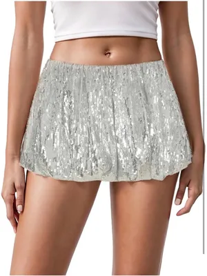 NEW Bubble Mini Skirt Sequin Sparkly High Elastic Waisted Puffy Balloon Short S thumbnail 4