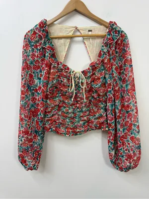 Free People Red Floral Square-Neck Ruffle Blouse size XS thumbnail 3