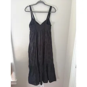 Zara Black Cotton Eyelet Embroidery Tiered Midi Dress Small Smocked Back Strappy thumbnail 10