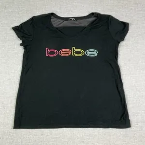 Bebe Sport T-Shirt Womens M Black V-Neck Short Sleeve Sheer Jersey Logo Top thumbnail 1