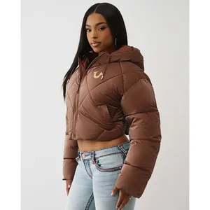 NWT!! TRUE RELIGION High-Shine Metallic Hooded Puffer Jacket Bronze Large thumbnail 5