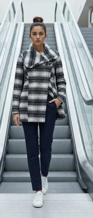 Sam Edelman Women's Black & White Plaid Wool Blend Wrap Coat Size M LS54507H thumbnail 1