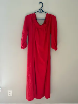 OShopLive Red Off Shoulder Maxi Dress Puff Sleeve NWT Women’s Large 100% Cotton thumbnail 3