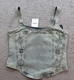 Forever 21 Women Light Wash Studded Denim Corset Top Blue Size M NWT Bodice thumbnail 1
