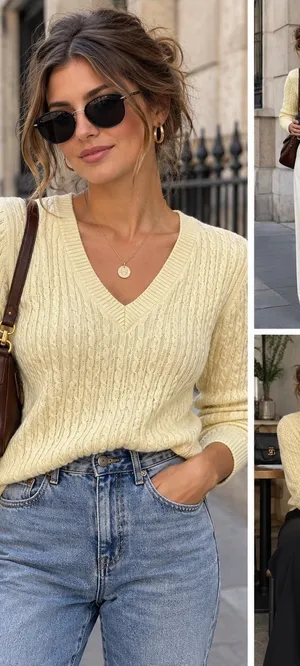 Vintage Butter Yellow V-Neck Cable Knit Sweater Coquette Fairy Granny Layer thumbnail 1