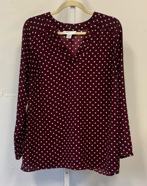 Motherhood Maternity Blouse Small Burgundy Polka Dot V-Neck Long Sleeve Top thumbnail 1