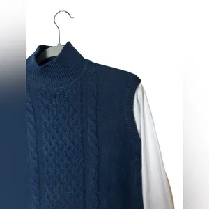 LOFT Sweater Vest Blouse Combo Womens S Navy‎ White Cable Knit Mixed Media Top thumbnail 3