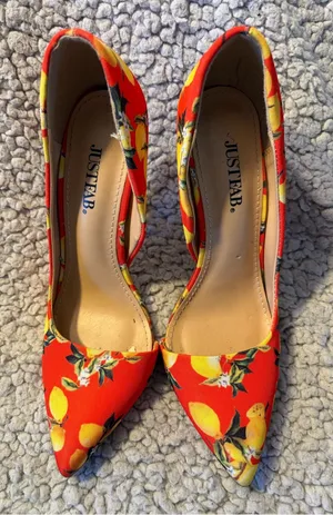 JustFab Margaux Lemon Print Pointed Toe D'Orsay Stiletto Heels. thumbnail 1