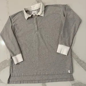 Aerie Cotton Prep Rugby Oversized Polo Long Sleeve Shirt Women’s XS Gray/White thumbnail 2