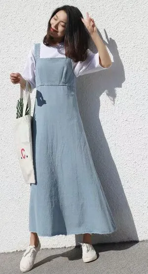 Light blue denim preppy style Y2K jeans dress overalls thumbnail 1