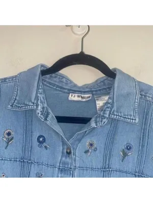Vintage Denim Chambray Long Sleeve Button Up Top Floral Embroidery 90s thumbnail 2