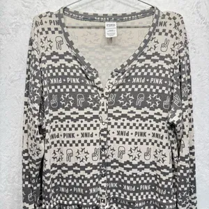 PINK Victoria’s Secret Onesie All Over Graffiti Logo Print Waffle Texture Pjs thumbnail 2