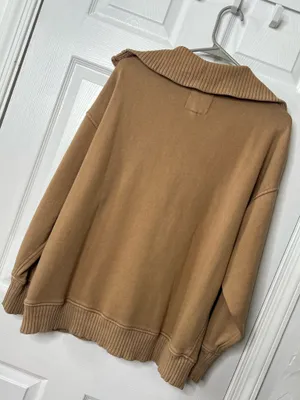 Aerie Camel Quarter Zip Pullover Sweatshirt Cozy Lounge Minimalist Athleisure M thumbnail 3