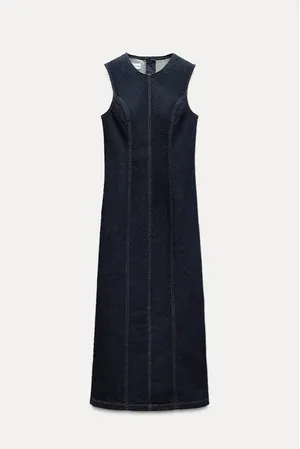 Zara Dark Blue Denim Z1975 Jean Midi Maxi Sleeveless Trendy Dress thumbnail 10
